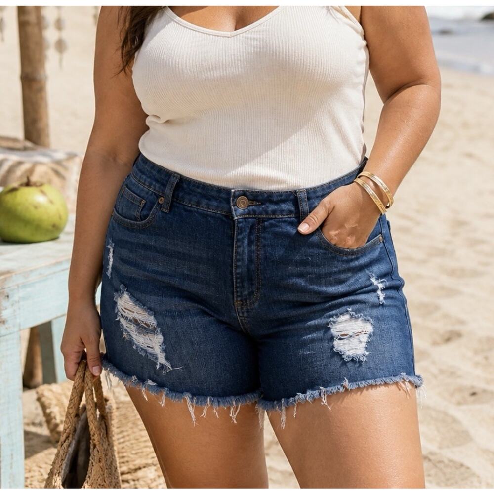 Forever 21 Distressed High Rise Denim Jean Shorts Size 16 Dark Wash Cutoff